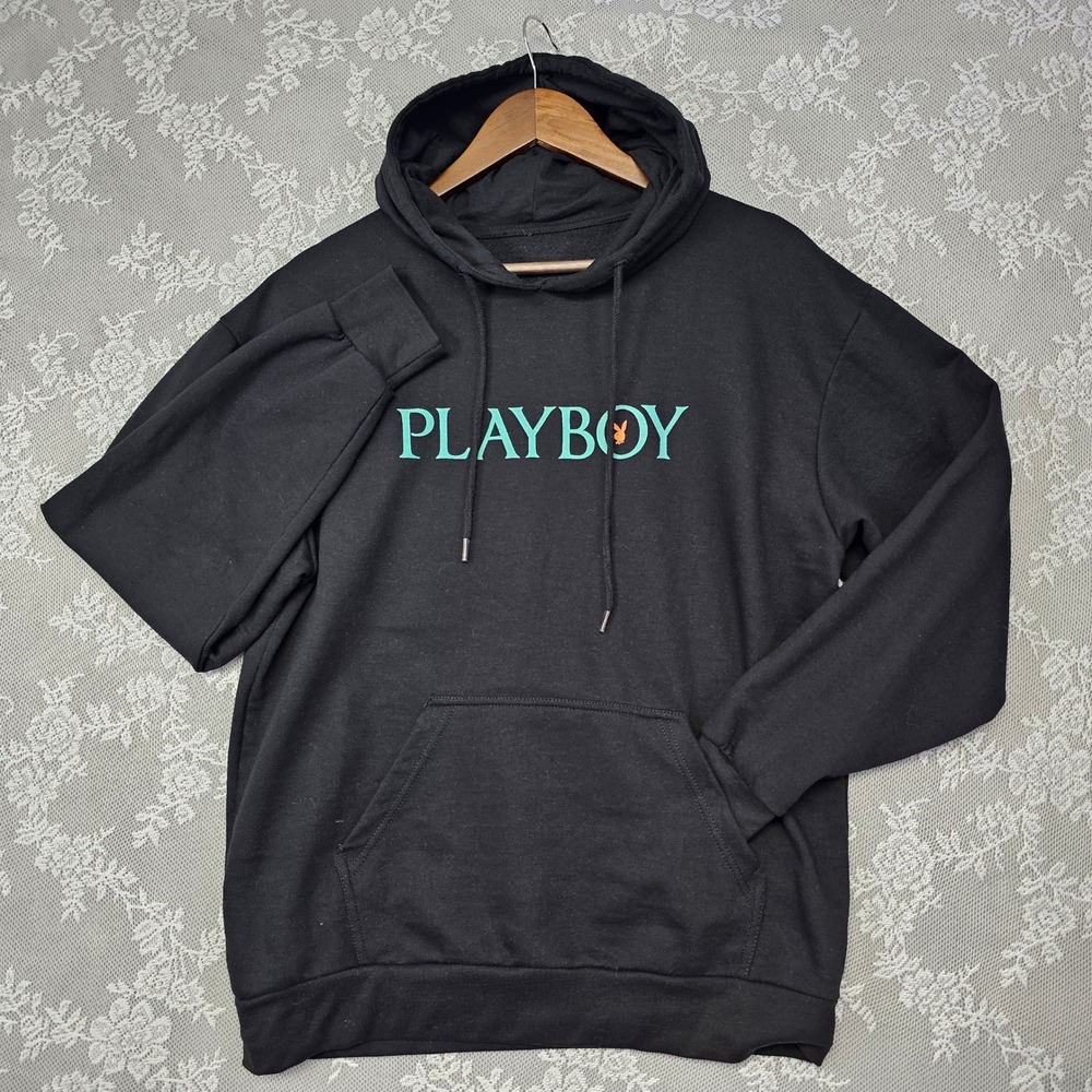 Playboy‎ Hoodie Black Pullover Drawstring Graphic Logo Sweatshirt Men's Medium
